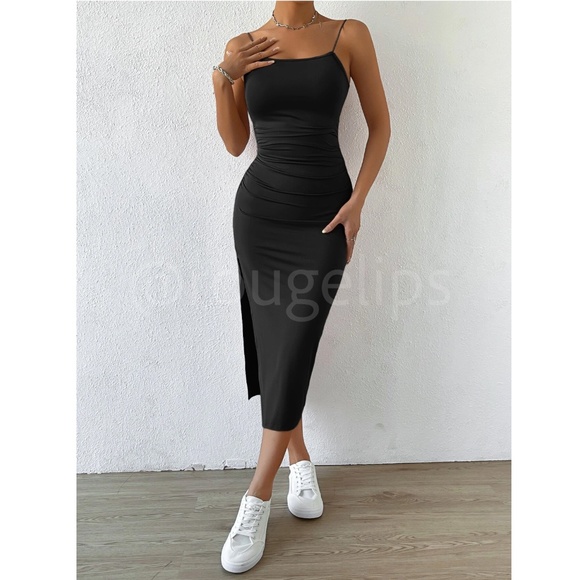 Twisted Back Cami Spaghetti Strap Black Midi Dress High Leg Slit - Picture 13 of 16